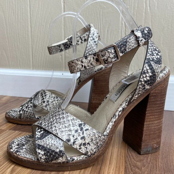 Steve Madden Leather Boho Lindsey Snake Print Heeled Sandals - Picture 1 of 11